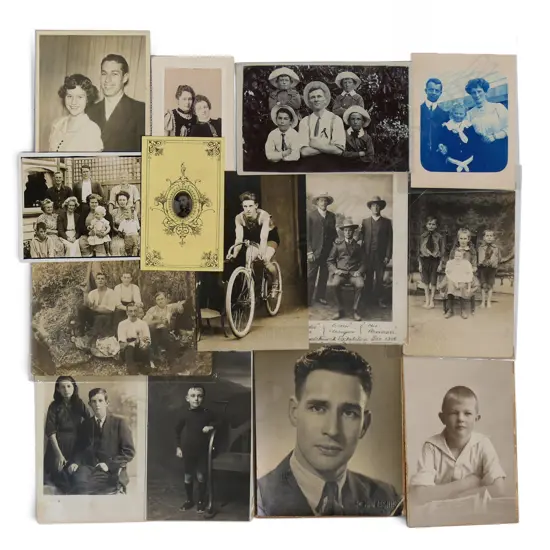 COLLECTION 13 VINTAGE PORTRAIT PHOTOGRAPHS + early TINTYPE: Includes '(Bunny) Huia Hunt on Gamage Racing Cycle 1918...